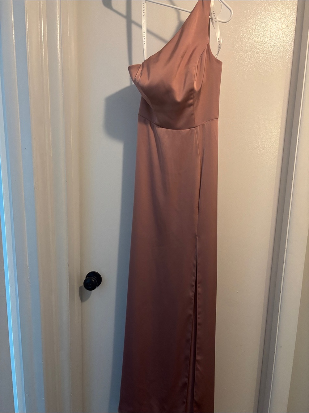 Azazie One-Shoulder Dusty Rose Satin Gown